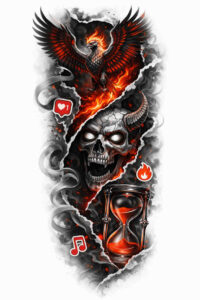 Phoenix Skull Inferno Tattoo Design in Blackwork style Phoenix and skull tattoo design in color with red flames and smoke; AI-generated project idea; cover-up-ready.
