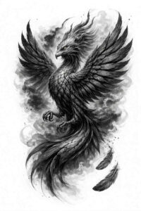 Phoenix silhouette tattoo design in blackwork style Phoenix silhouette in blackwork, black and grey; AI-generated tattoo design concept, perfect for cover-up.