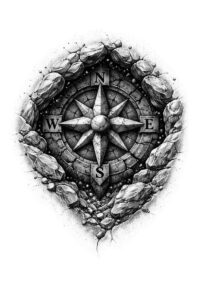 Black and grey tattoo idea: a cracked stone heart encasing a compass rose; bold shading, AI-generated concept, ideal for cover-up.