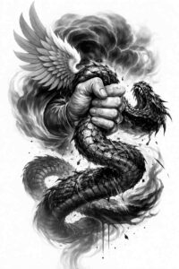 Dragon coil in black and grey realism; AI-generated tattoo idea; perfect for a cover-up.