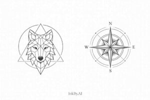 Wolf head and compass in black and grey geometric linework; a tattoo project/idea.