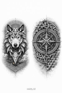 Wolf head on the left and a circular compass on the right in black and grey realism; AI-generated tattoo design concept, project idea.