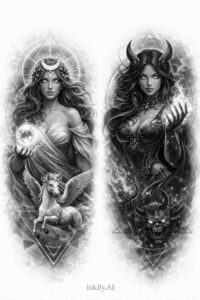 Twin Angelic Figures Tattoo Design in Fine Line Style Two grayscale angelic women with halos and faint wings, monochrome project idea; black and grey.