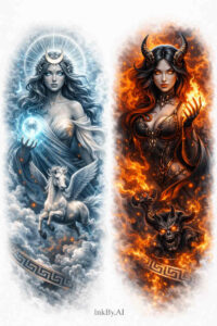 Ice and Fire Warrior tattoo design in surreal color Two tall fantasy warriors, ice-blue and flame-orange with glowing auras, weapons drawn; color tattoo, project/idea.