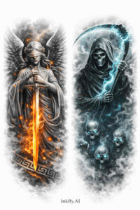 Color Realism duel tattoo design with fiery sword and wraith Color realism tattoo concept in color, two-panel scene with a fiery swordsman left and a blue spectral figure right; concept project.