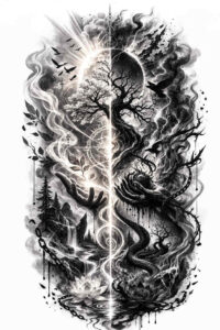 Two dragons entwined in a high-contrast black-and-grey tattoo, AI-generated project, ideal cover-up.