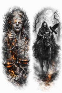 Black and grey tattoo concept featuring a warrior with armor and a horse, two-panel scene; project idea and cover-up ready.