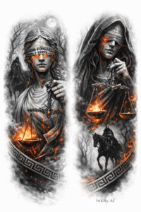 Two dark hooded grim reapers in black and grey with orange flame accents; AI-generated project idea, ideal cover-up tattoo.