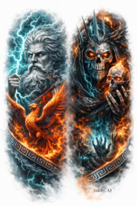Illustrative tattoo design: dual god and demon portrait Two-face mythic composition with a godly figure summoning lightning on the left and a demonic figure wreathed in flames on the right; color tattoo concept, project idea.