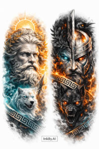 Color realism tattoo design concept: split-face Viking warrior with fiery left and icy right, wolf at base; AI-generated concept.