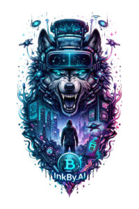 Colorful biomechanical wolf head tattoo with neon blue and purple gears and silhouette; AI-generated concept; cover-up ready.
