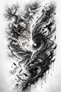 Black and grey tattoo design featuring two intertwined dragon forms with swirling smoke in a bold, high-contrast composition; AI-generated concept; ideal for cover-up.