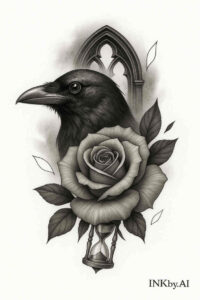 Black and grey raven head with a rose and Gothic arch, project idea; suitable for cover-up.