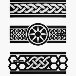 Black and grey tattoo design featuring a central wheel with spokes flanked by knotwork bands and a lattice pattern; AI-generated concept, project idea, cover-up ready.