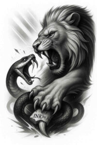 A black and grey tattoo design featuring a roaring lion and a coiled snake in grayscale; AI-generated concept, project idea, cover-up ready.