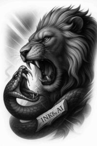 Lion head roaring with a coiled snake in grayscale, black and grey realism; AI-generated tattoo idea, project sketch.