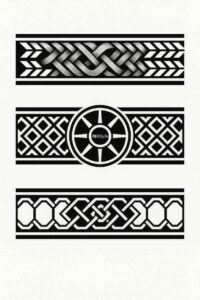 Black and grey tattoo idea featuring geometric knotwork bands; a project/idea.
