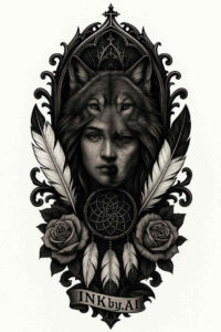 Black and grey realism project: dark queen portrait with ornate frame, feathers and roses; cover-up ready.