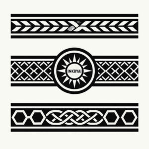 Black and grey geometric knotwork bands in three strips; monochrome tattoo idea, AI-generated concept, suitable as a cover-up.