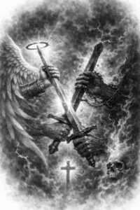 Winged sword cross tattoo design in black and grey realism; AI-generated concept, suitable for cover-up.