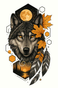 Color tattoo of a wolf head with orange leaves and hexagonal geometric patterns; concept design.