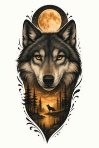 Black and grey tattoo design depicting a wolf head silhouette with a moon and forest inside; AI-generated project concept.