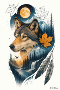 Color tattoo design of a wolf head with a moon and blue forest backdrop; AI-generated concept for a project, not inked yet.