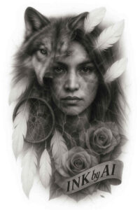 Face and wolves tattoo design in black and grey realism; AI-generated concept, project idea, cover-up ready.