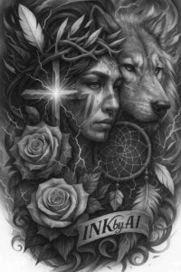 Portrait of a woman with a lion in the background and a rose in the foreground, in black and grey; a project idea for cover-up.