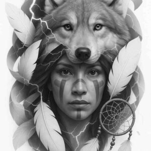 A black and grey tattoo design concept featuring a wolf head behind a woman's portrait, intertwined with a dreamcatcher, dangling feathers, and subtle lightning accents.