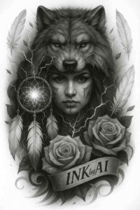 Portrait of a woman with a wolf head behind, roses and a decorative banner in grayscale; a project idea, black and grey, perfect for cover-up.