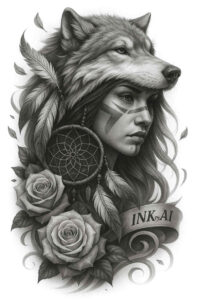 AI-generated concept: female portrait with a wolf head headdress and roses in black and grey; project idea.