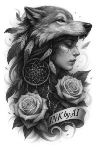 Black and grey wolf and woman portrait with roses and feathers; project idea; cover-up suitable.