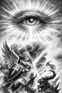 Eye of fate tattoo in black and grey, showing a knight warrior with a dragon beneath; AI-generated project idea, cover-up ready.