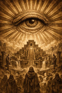 Black and grey tattoo design featuring the eye of Providence above ruined temples with sunburst rays; concept piece for a larger project.