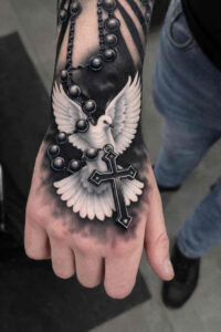 Two black and grey owls perched on the foot, monochrome tattoo design; AI-generated concept.