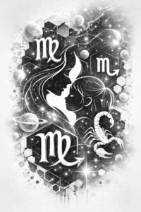 Two black-and-grey fine-line faces in profile facing each other, with hair detail and star accents; a monochrome tattoo design idea.