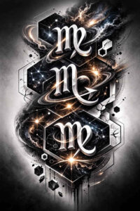 Black and grey ornamental M monogram tattoo design concept; AI-generated project, cover-up ready.