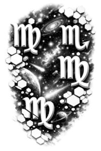 Zodiac glyph pattern tattoo design in black and grey on a dark background; AI-generated concept, repeating glyphs form a dense pattern with strong cover-up potential.