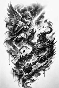 Crusader knight and dragon in black and grey, concept tattoo design; project idea with cover-up potential.