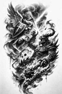 Dragon and warrior clash in black and grey, project/idea, cover-up ready.