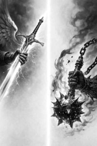 Sword and flail in black and grey, AI-generated project concept; cover-up suitable.