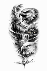 Three black-and-grey eagles in flight above rugged mountains and a waterfall with a crescent moon; AI-generated tattoo idea, perfect for a cover-up.
