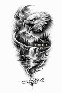 Black and grey tattoo of a bird with wings and smoke-like swirls, for a project/idea, perfect for cover-up.