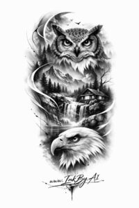 Black and grey tattoo design featuring a perched owl above a cityscape with an eagle; project idea; cover-up ready.