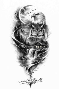 Black and grey tattoo featuring a howling wolf entwined with a crescent moon, bold shading and fine line details.