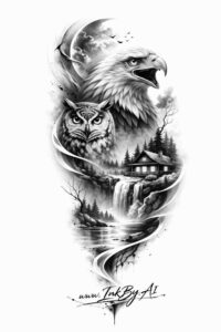 Black and grey realism tattoo design featuring a dominant wolf head in grayscale, concept sketch for a cover-up project.
