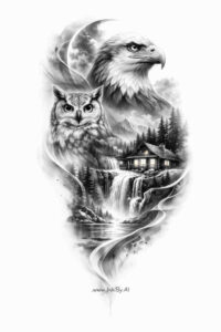 Black and grey tattoo design idea featuring an eagle and cityscape within a heart silhouette, AI-generated concept, perfect for a cover-up.