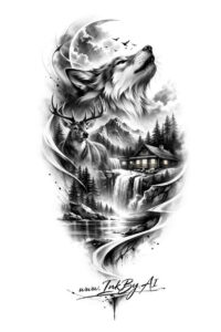 Dragon entwined with jagged mountains in black and grey; AI-generated tattoo design concept, perfect for a cover-up.