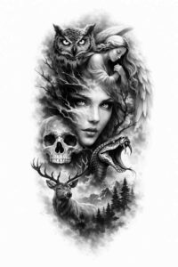 Black and grey realism tattoo design concept of a female portrait with a wolf head and skull; AI-generated concept, cover-up ready.